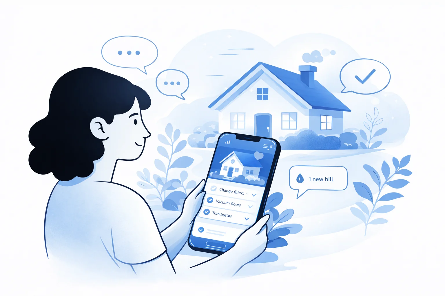 Illustration d'une personne utilisant l'application Casaly sur son téléphone devant sa maison